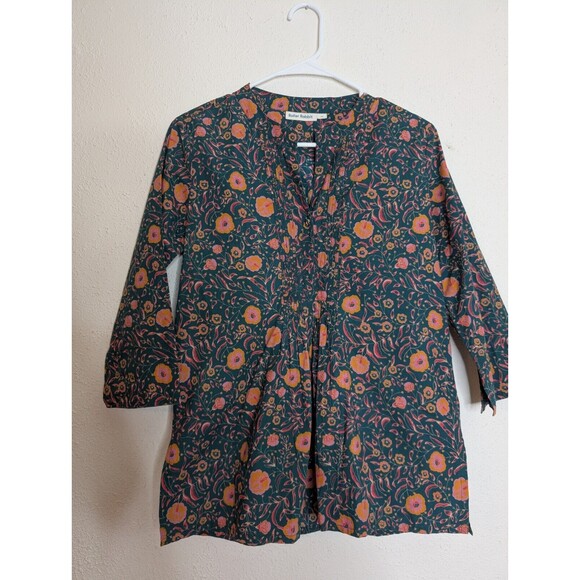 Roller Rabbit 3/4 Sleeve Organic Cotton Boho Top Green Floral Cottagecore XS - Picture 1 of 5